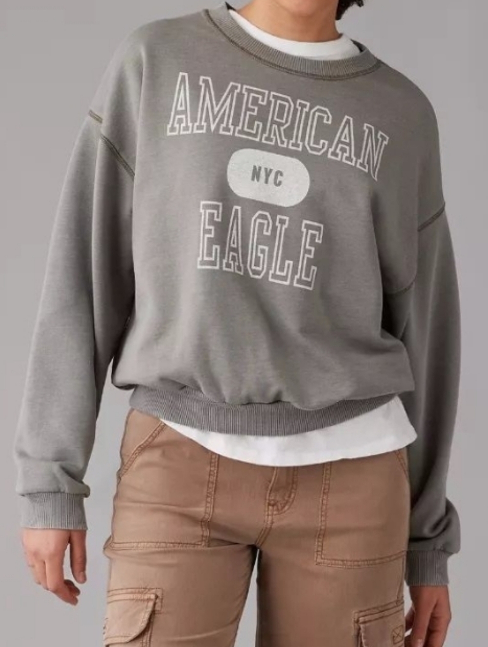 American Eagle Sweatshirt Graphic Crew Neck Long Sleeve Olive Green Gray XL